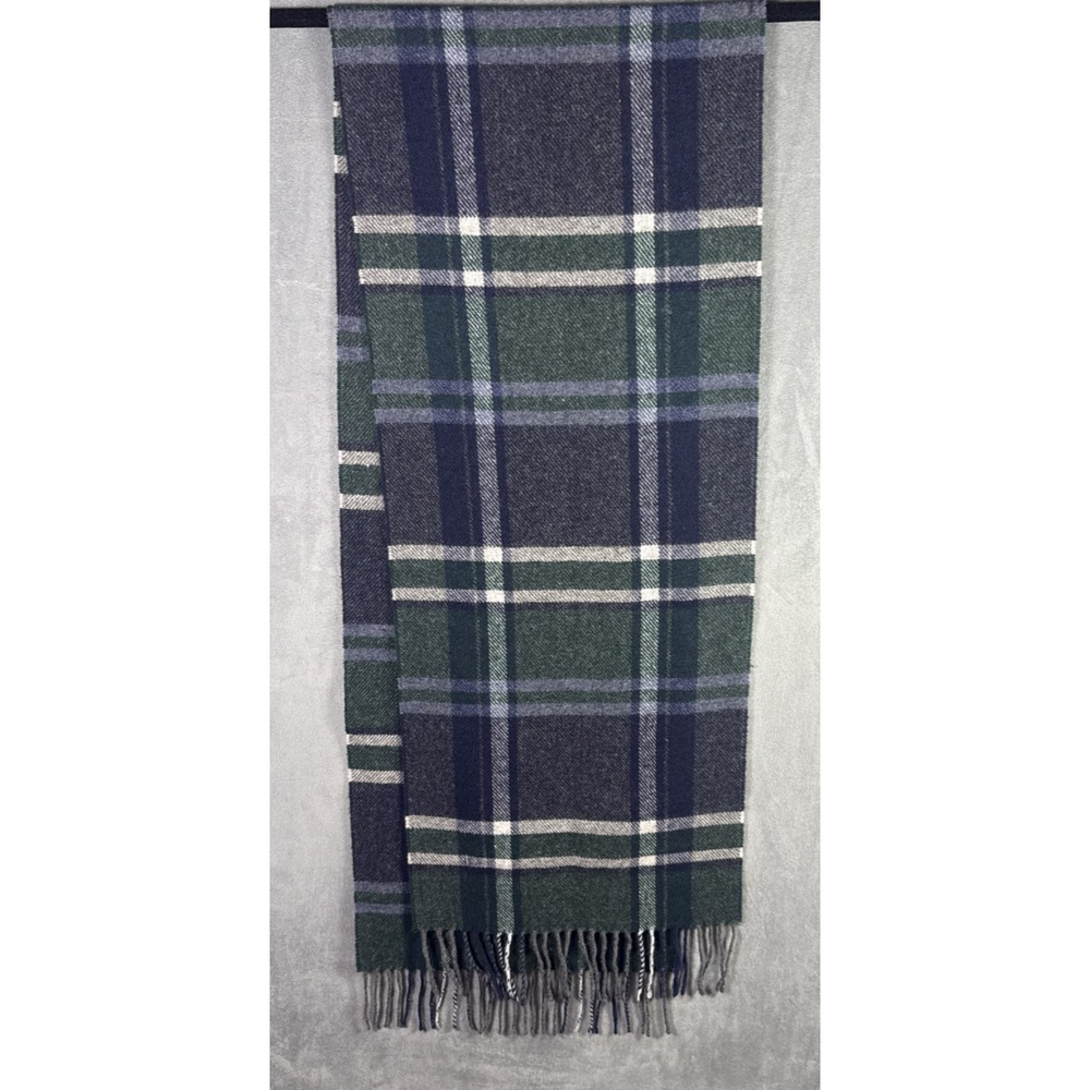 Italian Woollen Treasures Scarf Italy Green Blue Plaid Fringe Lambswool Italy